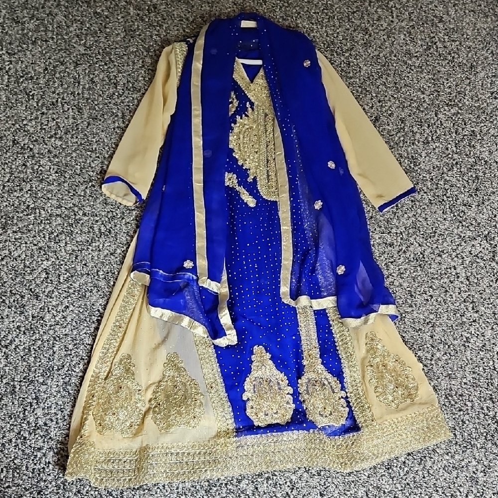 Elegant Blue and Gold Embroidered Dress with Scarf